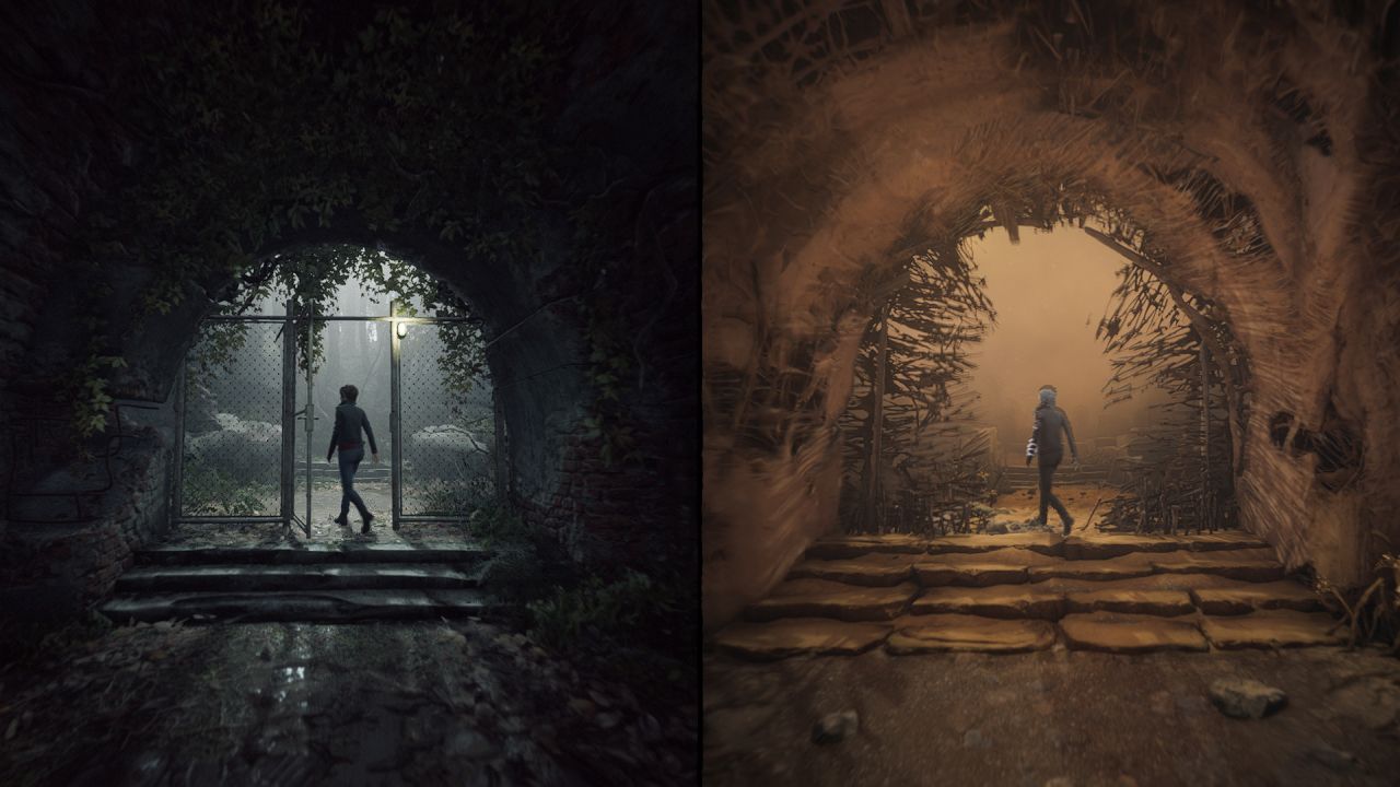 A guy standing in an entrance, in a dual spooky games worlds shown in one screen.