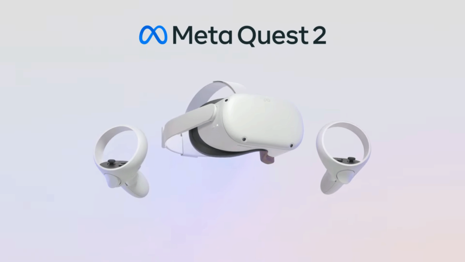 Meta Quest 2 VR headset with controllers on a white background, showcasing advanced virtual reality technology and immersive gaming experience.