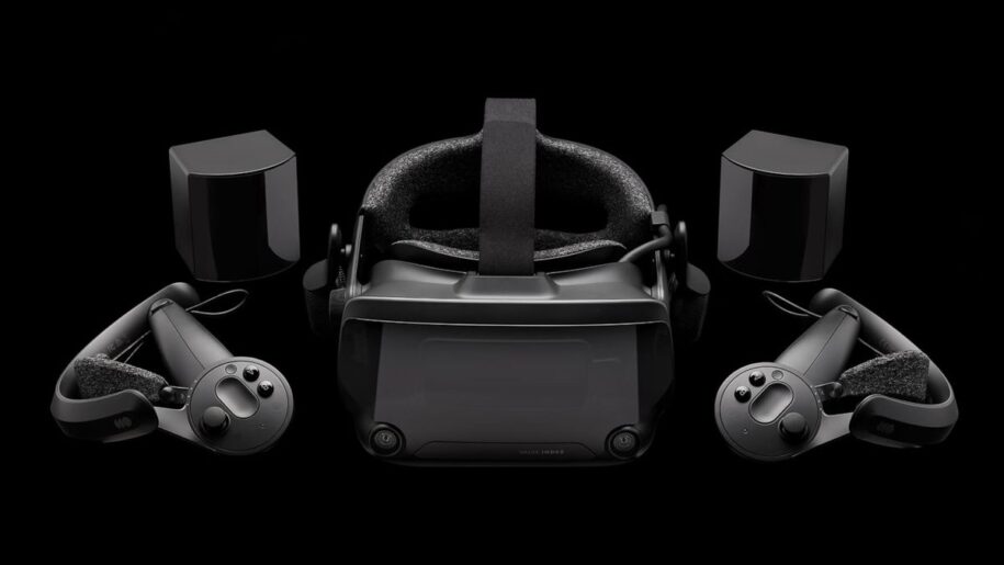 Valve Index VR gaming headset featuring immersive virtual reality experience and high-fidelity audio, on a black background.