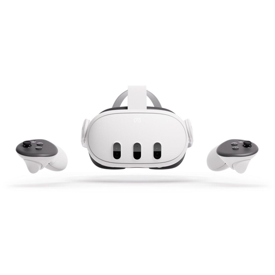 Meta Quest 3 VR headset with controllers on a white background, showcasing advanced virtual reality technology and immersive gaming experience with the meta quest touch plus controllers.