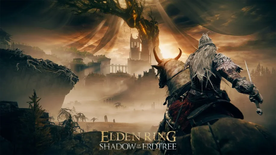 Cover art for Eldin Ring expansion "Shadow of the Erdtree". Depicts a knight on a horse overlooking a shadowy landscape filled with the ruins of castles.
