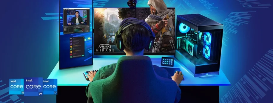 intel 14th gen processors. Man sitting at desk using gaming pc, Assassins Creed Mirage is on the screen in front of him.
