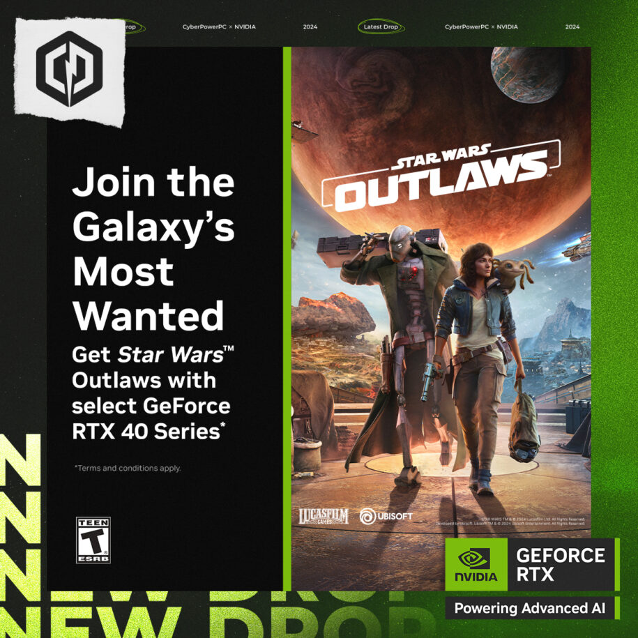 Banner advertising Star Wars Outlaws Game bundle. Get the Star Wars Outlaws with select GeForce RTX 40 Series gaming PCs.