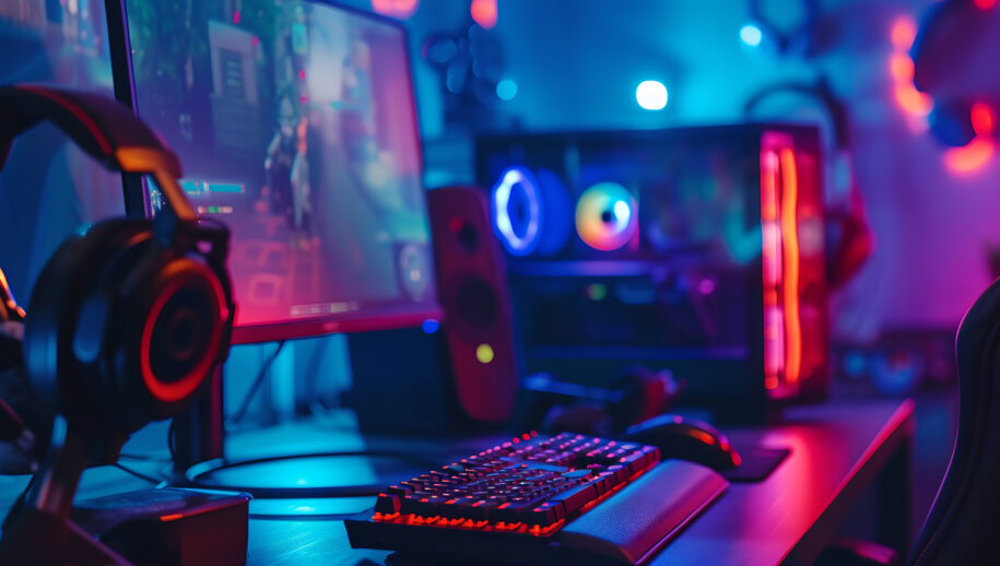 gaming pc setup in dark room illuminated by blue and purple neon lights