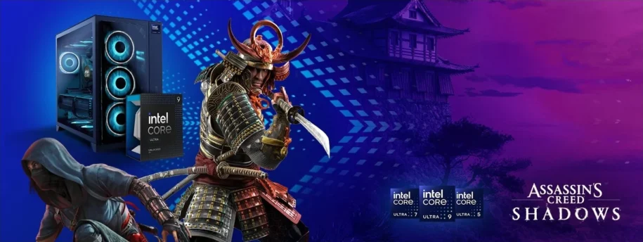 Intel Core Ultra Processor Banner - Shows Asssassins Creed Shadows logo and characters in front of Intel Core Ultra desktop gaming pc