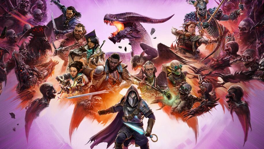 Dragon Age The Veilguard cover art. Various characters arranged across shape of Dragon with wings spread