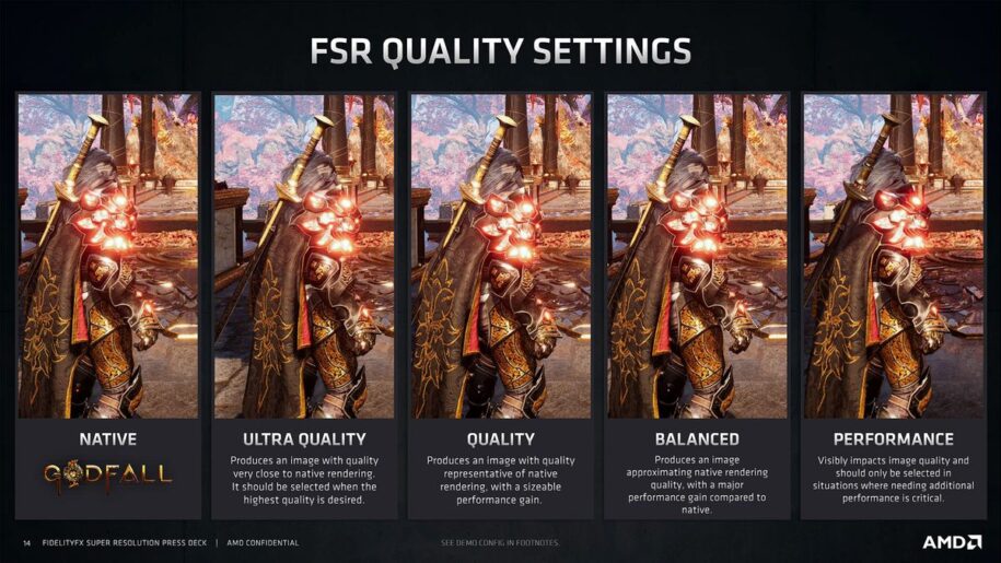 FSR Quality Settings - Shows the visual difference between native, ultra quality, quality, balanced, and performance modes in AMD FSR.