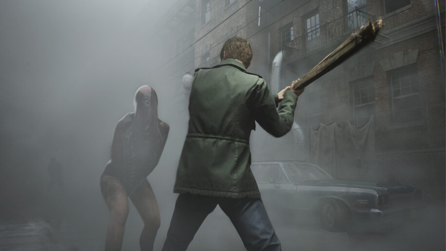 Silent Hill 2 Remake (2024) screenshot
Man in green jacket with wood plank defending himself from armless monster in foggy town street.