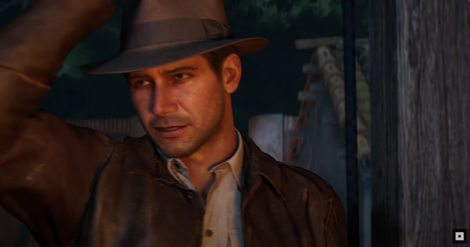 screenshot of the upcoming PC game "Indiana Jones and The Great Circle".

The titular hero places his iconic hat on top of his head.