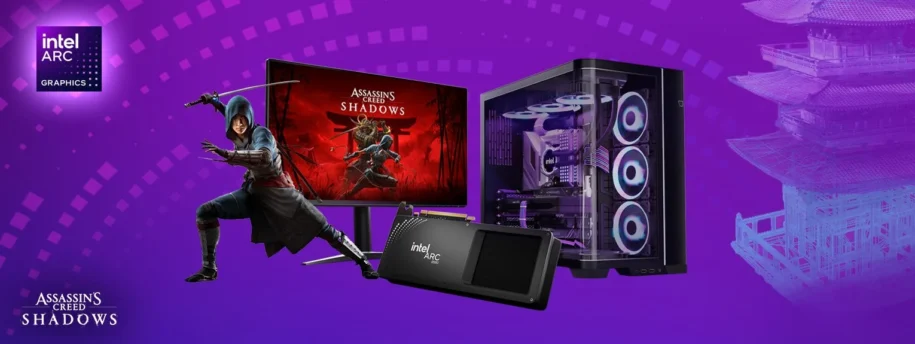 Intel ARC graphics. Purple banner featuring a B580 gpu and Assassins Creed Shadows