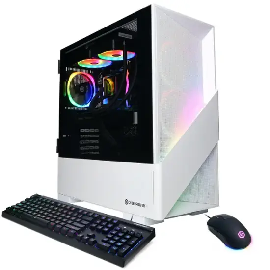 white gaming pc with a mesh front that has a medal bar running diagonally across it - best gaming pcs under $1500