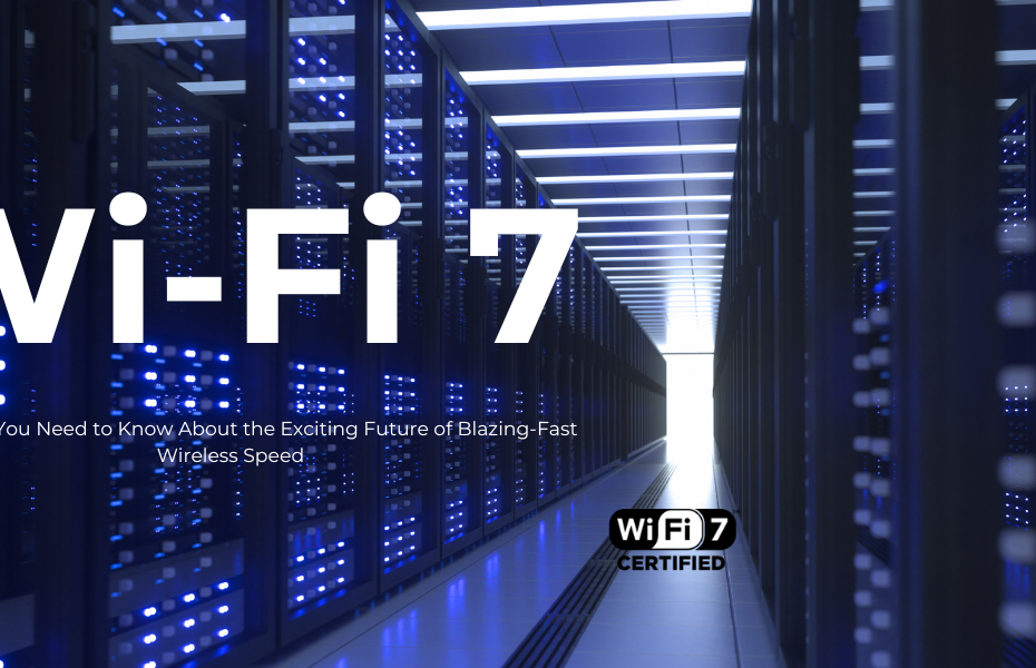 A background of a server room with blue lights. The image has white text over it that is the same as the title of the article: "Wi-Fi 7: Everything You Need To Know About the Exciting Future of Blazing Fast Wireless Speed"