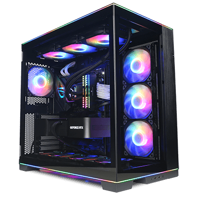 Black gaming pc with rainbow lighting.
Part of the best gaming pcs around $2000