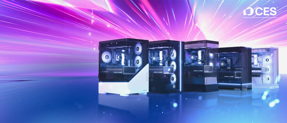 5 Gaming Computer Cases on a Purple and Blue background - CyberPowerPC CES 2025 New Products