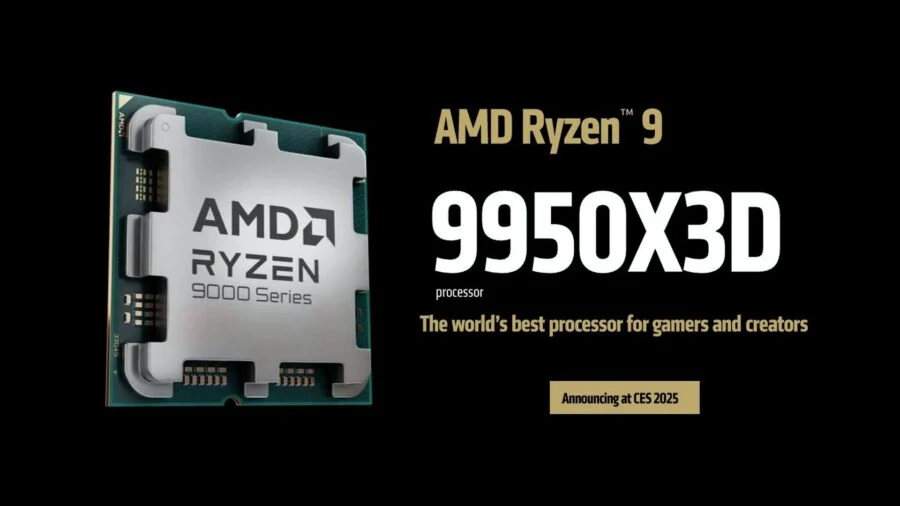 AMD Ryzen 9 9950X3D processor next to gold text that says " The world's best processor for gamers and creators"