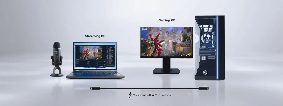 A diagram showing how a CyberPowerPC Gaming Desktop and gaming desktop are connected via Thunderbolt 4