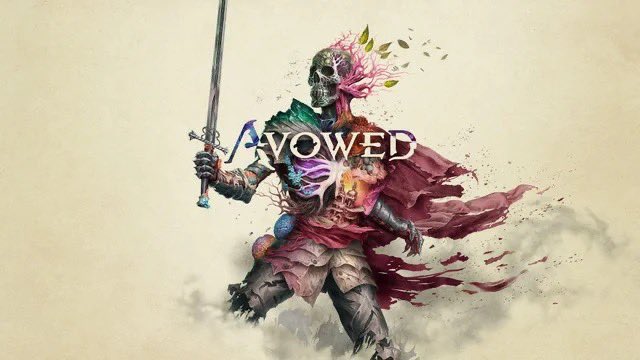 Avowed Cover art - skeleton covered in flowers holding a sword