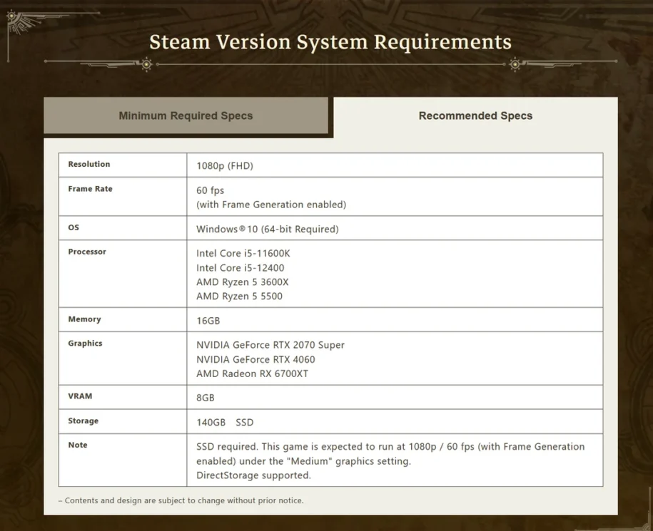 Chart showing the system requirements of Monster Hunter Wilds