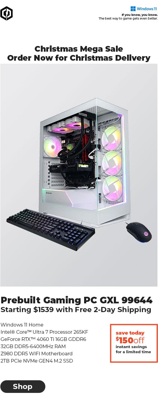 Prebuilt Gaming PC GXL 99644– $1539 after $150 Off + Free 2-Day Shipping