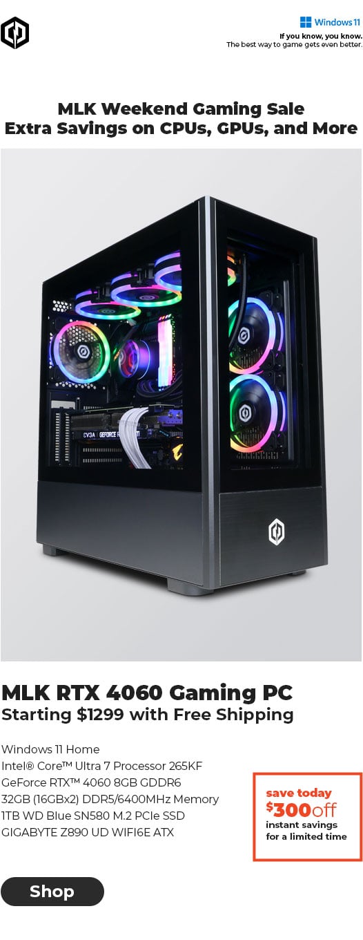 MLK RTX 4060 Gaming PC – Starting $1299 after $300 Off + Free Shipping 